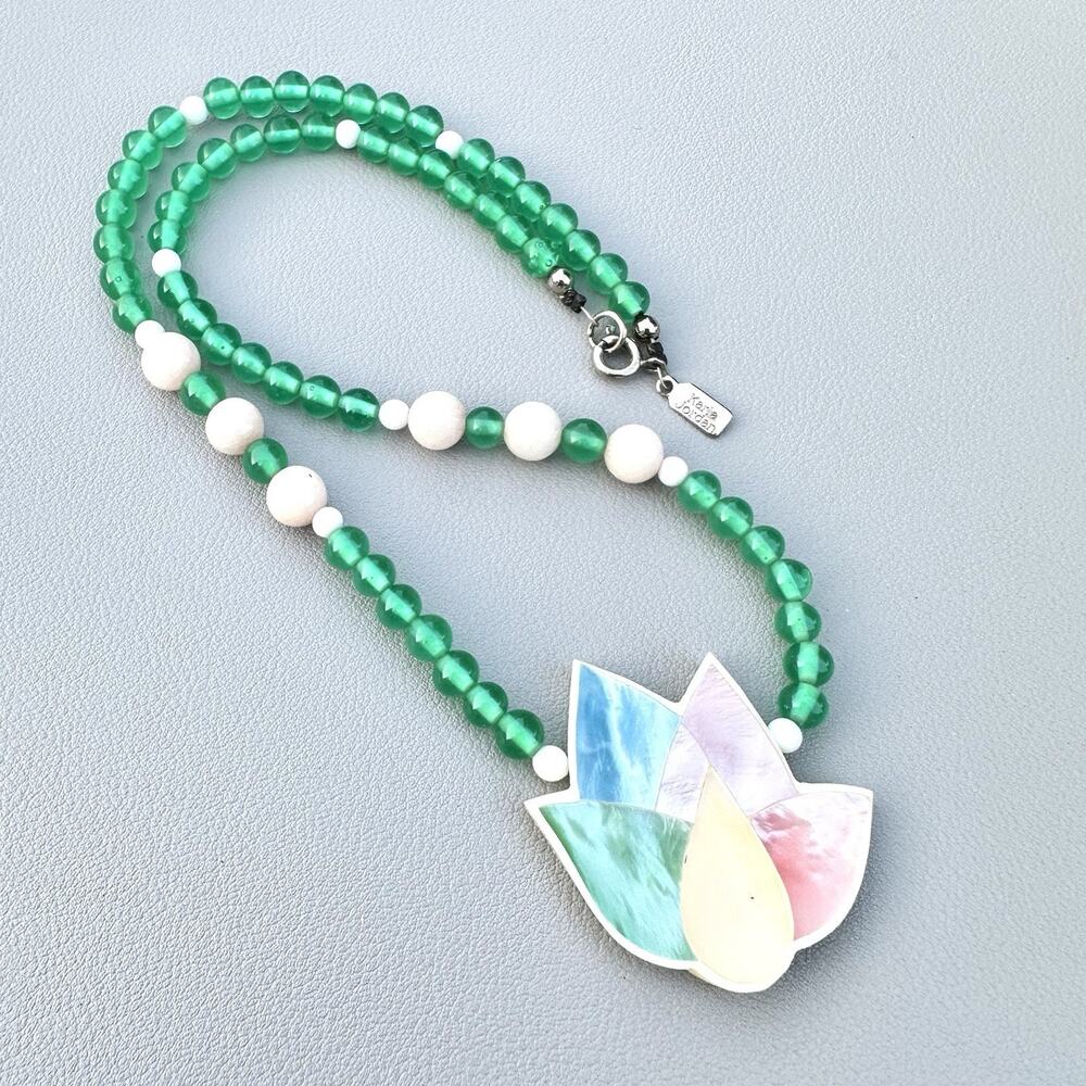 Vintage Karla Jordan Shell Inlay Lotus Flower Necklace Green Glass Stone Beaded